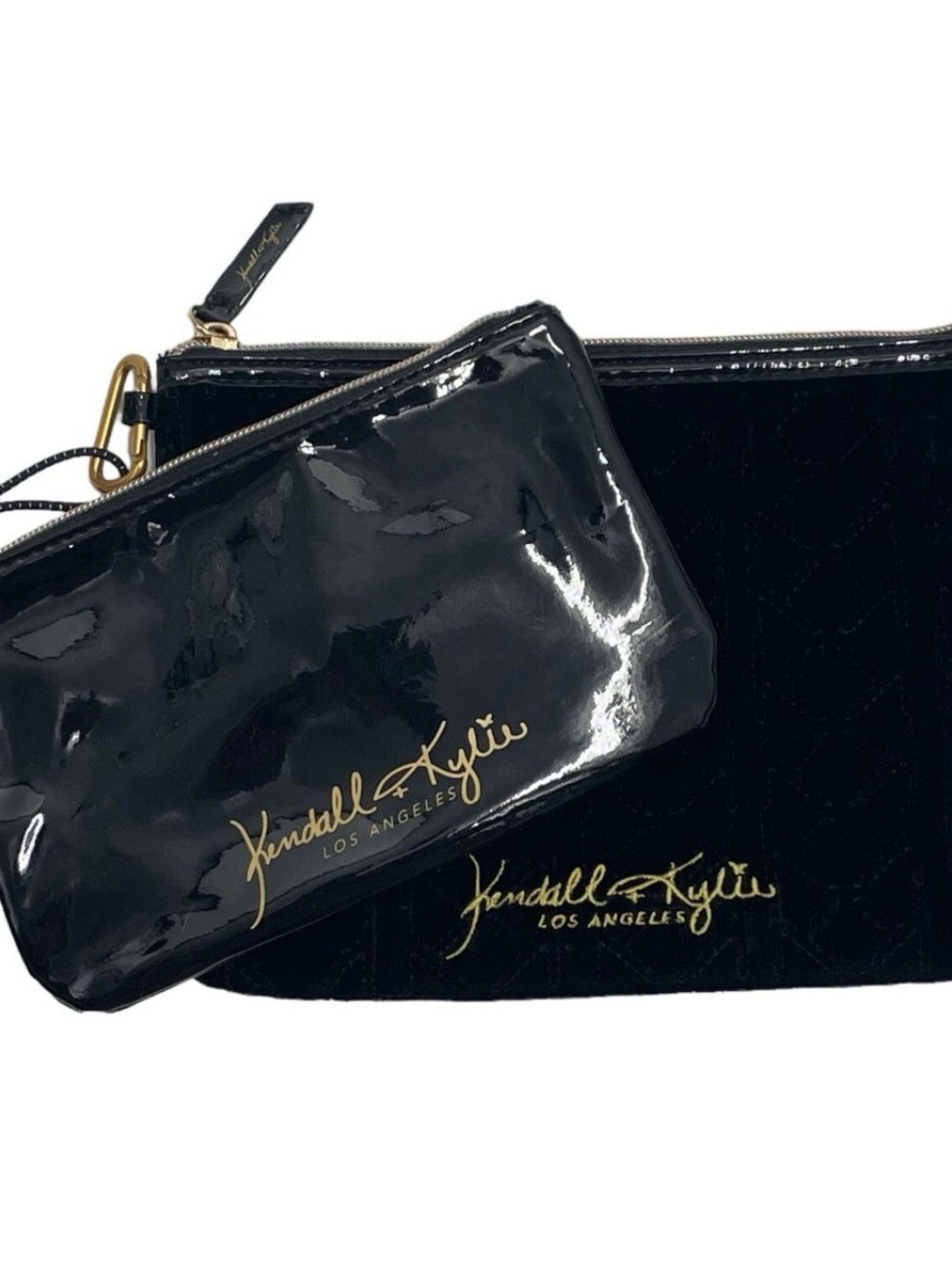 Kendall & Kylie Black Patent Cosmetic Pouch Duo with Gold Logo New